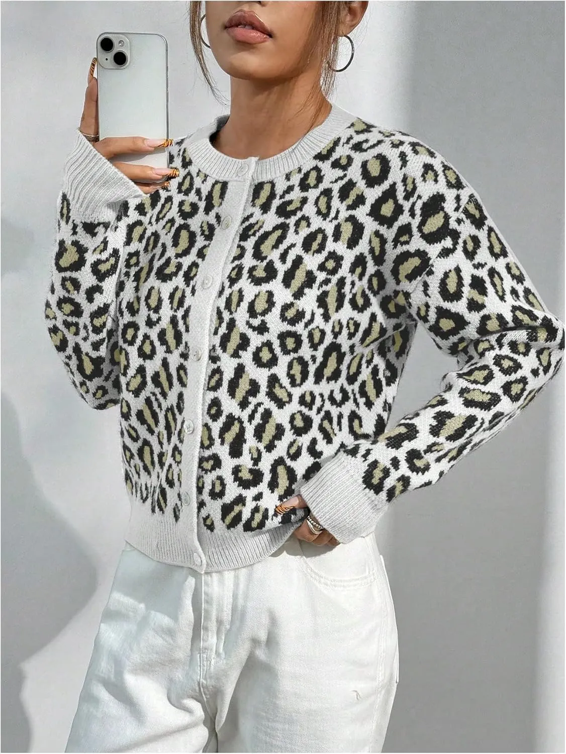 Women's Leopard Print Cardigan Sweater Drop Shoulder Cardigan Cheetah Button Down Crewneck Cardigan Sweater Knit Top