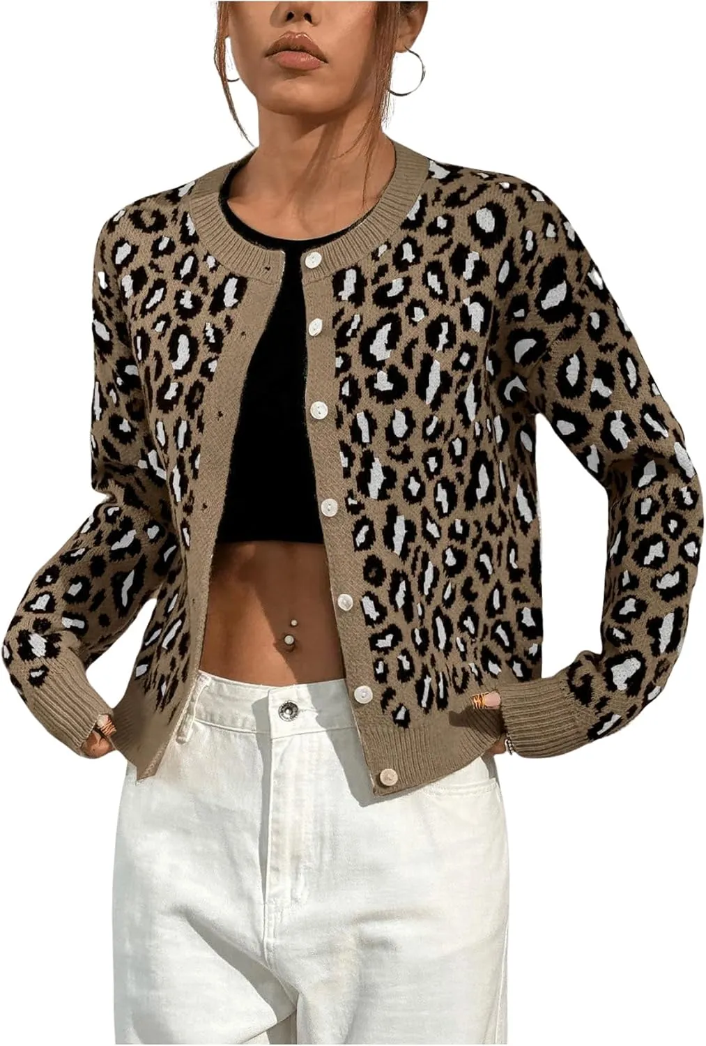 Women's Leopard Print Cardigan Sweater Drop Shoulder Cardigan Cheetah Button Down Crewneck Cardigan Sweater Knit Top