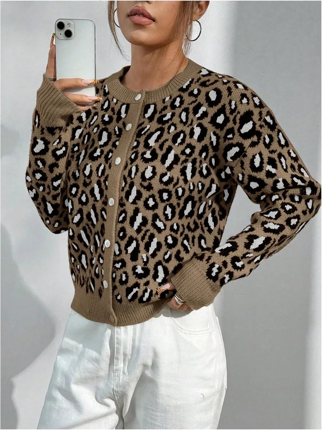 Women's Leopard Print Cardigan Sweater Drop Shoulder Cardigan Cheetah Button Down Crewneck Cardigan Sweater Knit Top