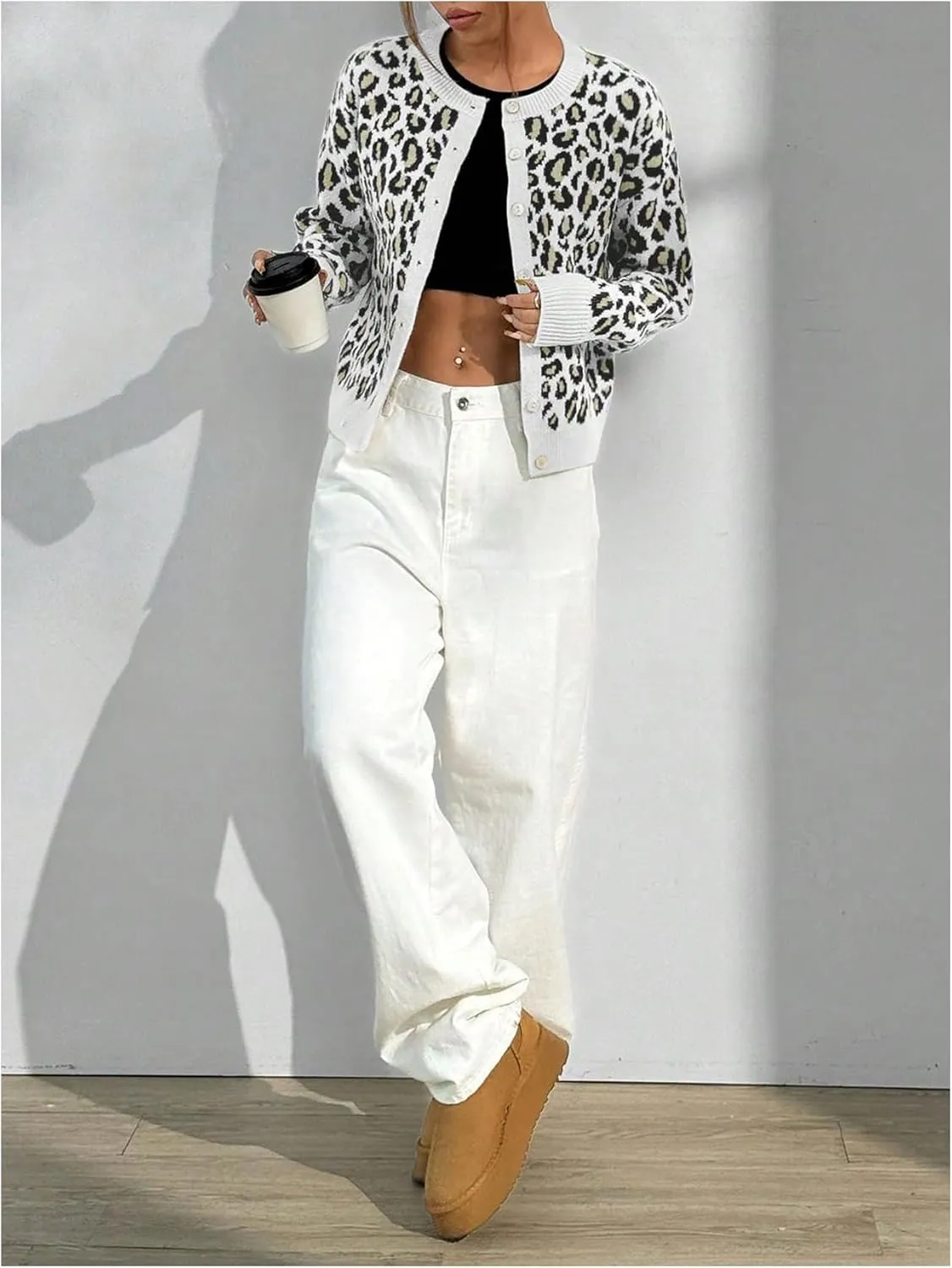 Women's Leopard Print Cardigan Sweater Drop Shoulder Cardigan Cheetah Button Down Crewneck Cardigan Sweater Knit Top