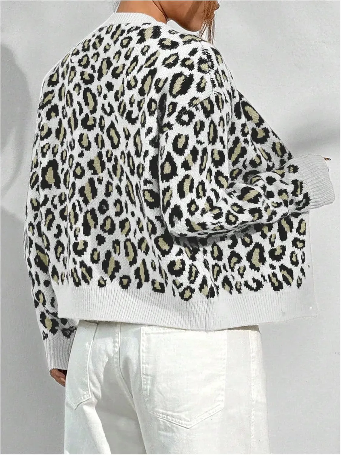 Women's Leopard Print Cardigan Sweater Drop Shoulder Cardigan Cheetah Button Down Crewneck Cardigan Sweater Knit Top