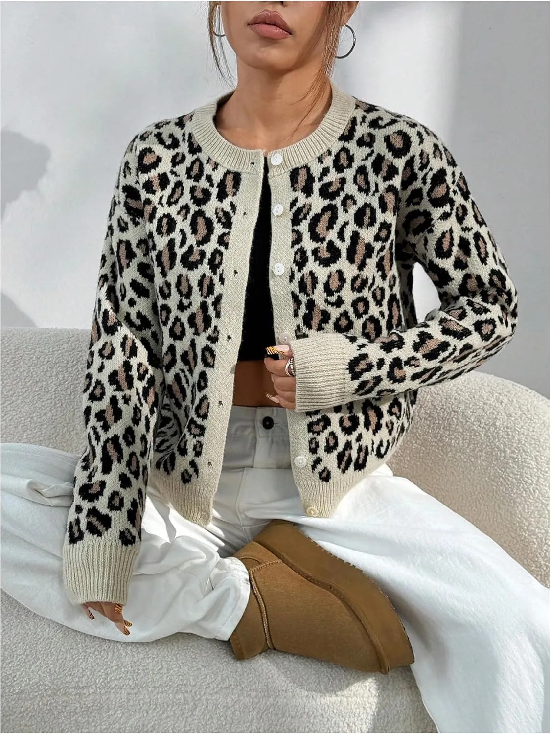 Women's Leopard Print Cardigan Sweater Drop Shoulder Cardigan Cheetah Button Down Crewneck Cardigan Sweater Knit Top