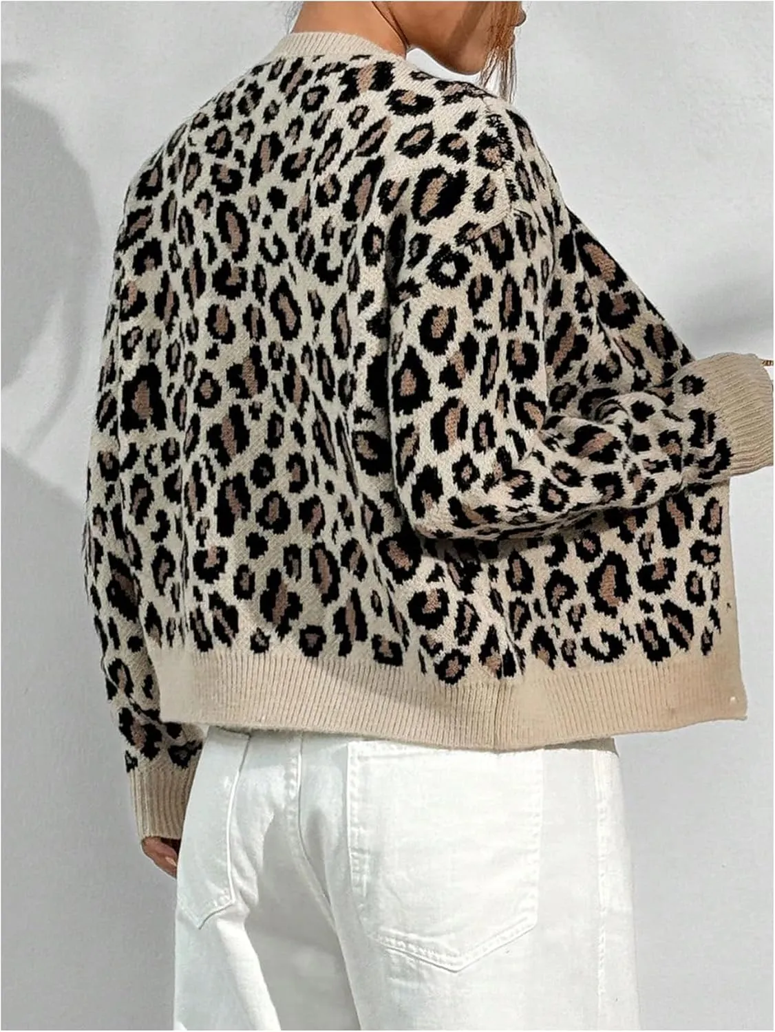 Women's Leopard Print Cardigan Sweater Drop Shoulder Cardigan Cheetah Button Down Crewneck Cardigan Sweater Knit Top