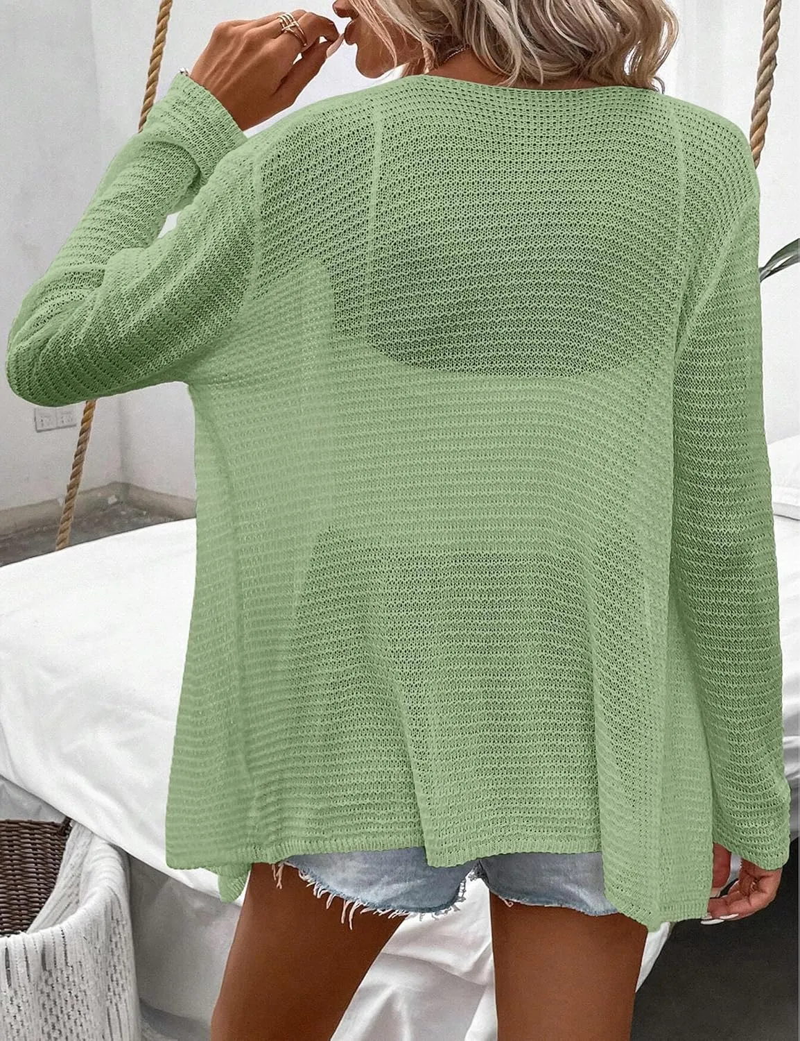 Womens Lightweight Crochet Cardigan Sweater Rib Knit Open Front Sweater Coats
