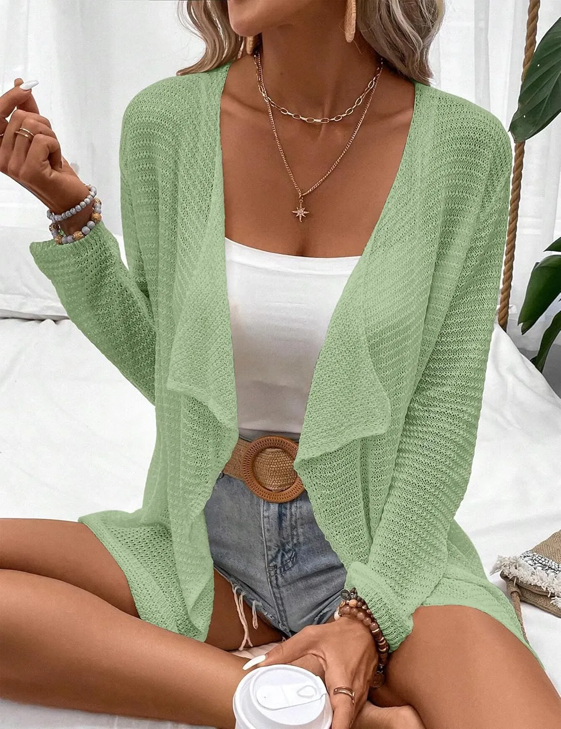 Womens Lightweight Crochet Cardigan Sweater Rib Knit Open Front Sweater Coats