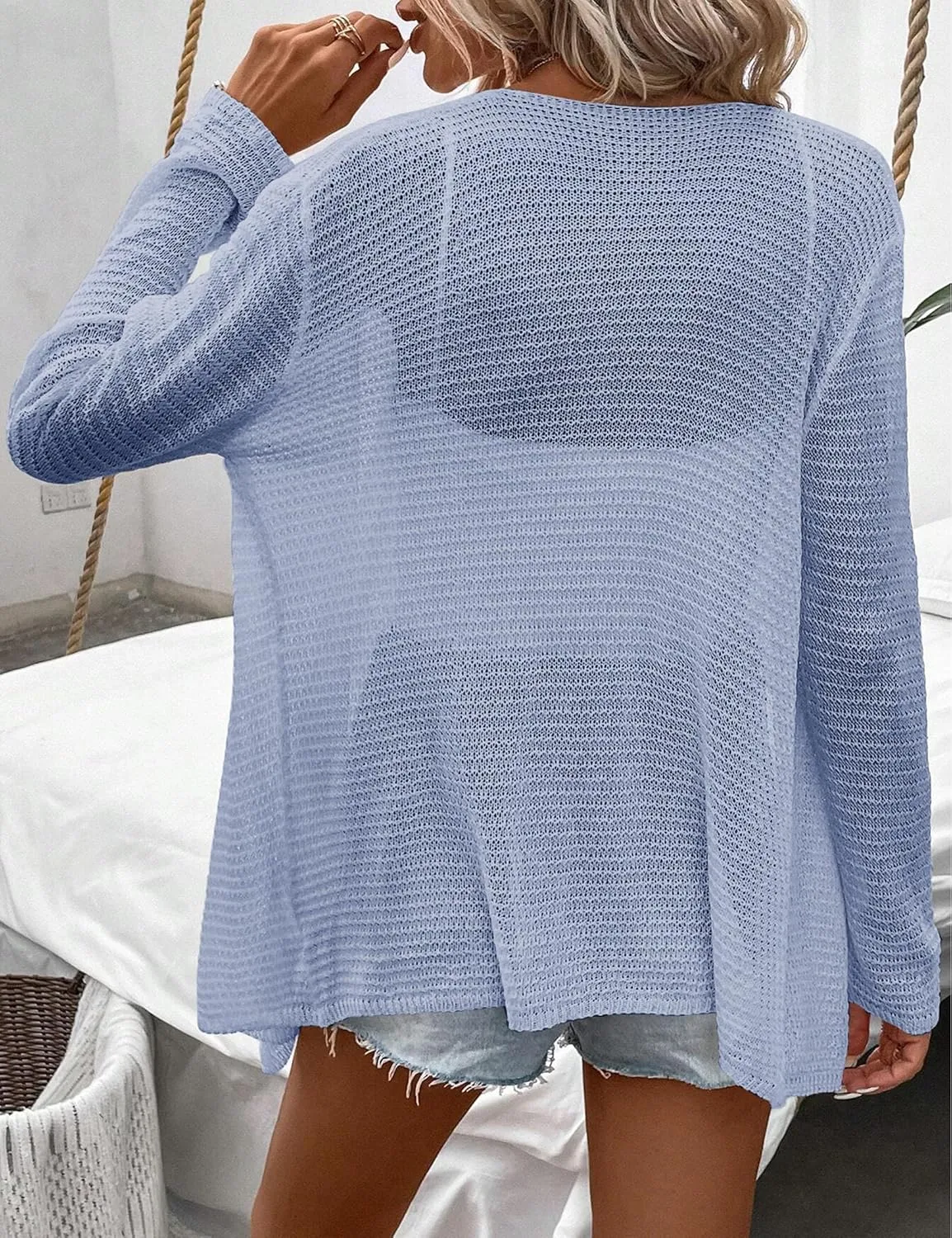 Womens Lightweight Crochet Cardigan Sweater Rib Knit Open Front Sweater Coats