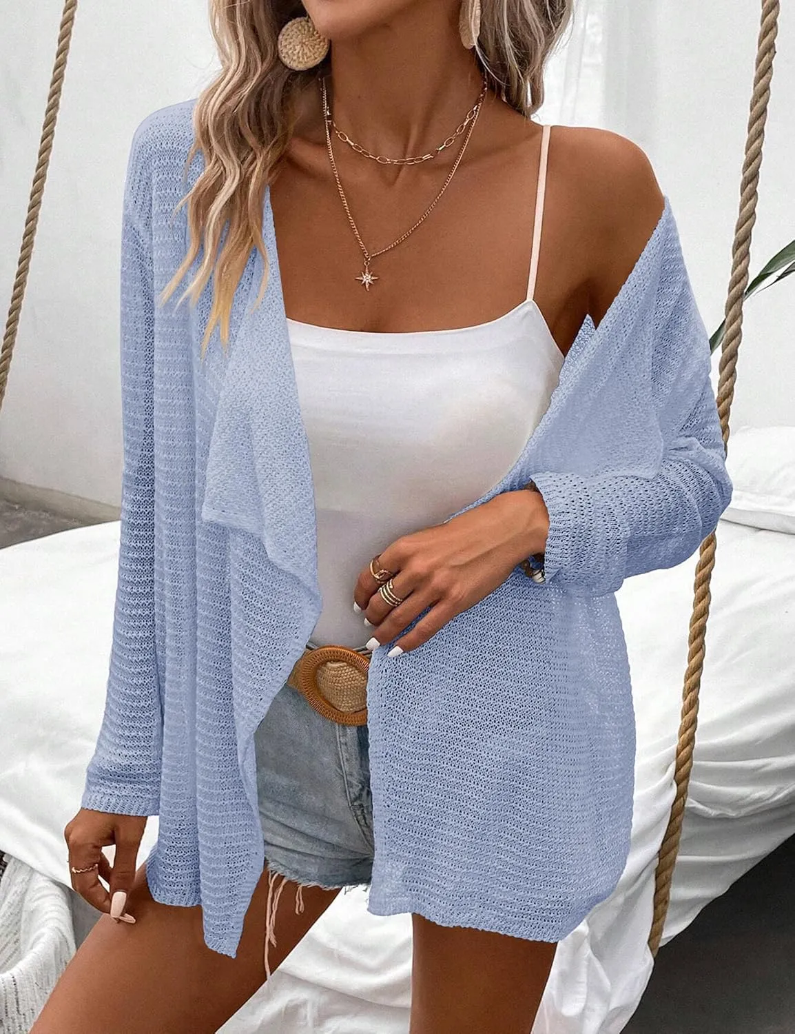 Womens Lightweight Crochet Cardigan Sweater Rib Knit Open Front Sweater Coats