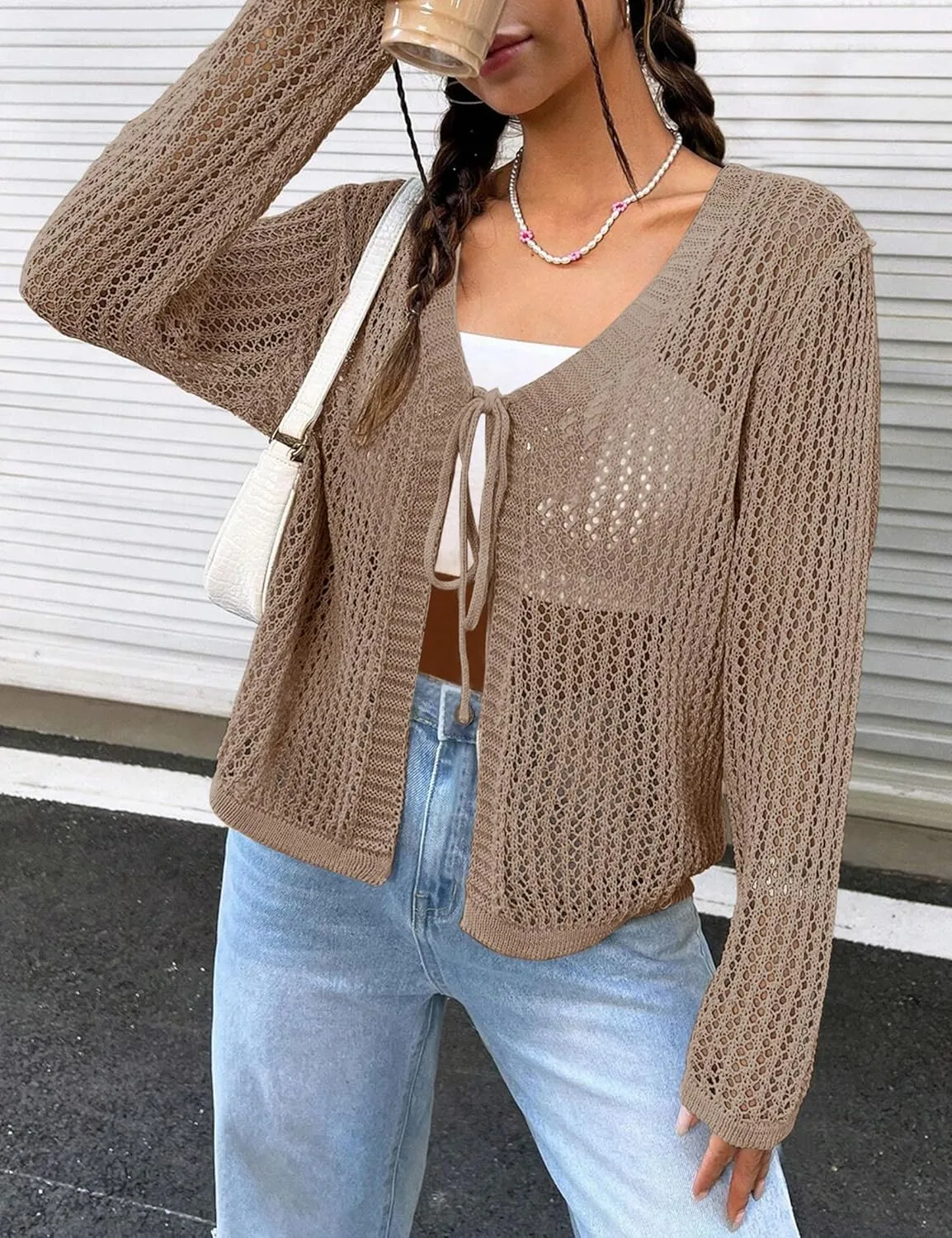 Womens Lightweight Crochet Cardigan Tie Front Shrugs Knit Crop Tops