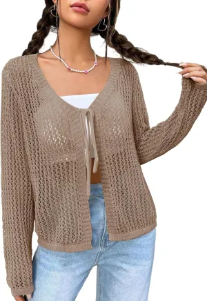 Womens Lightweight Crochet Cardigan Tie Front Shrugs Knit Crop Tops
