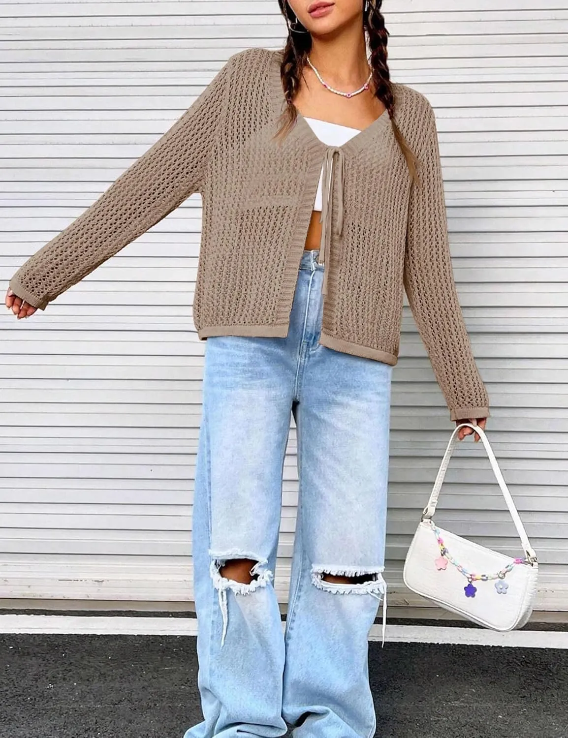 Womens Lightweight Crochet Cardigan Tie Front Shrugs Knit Crop Tops