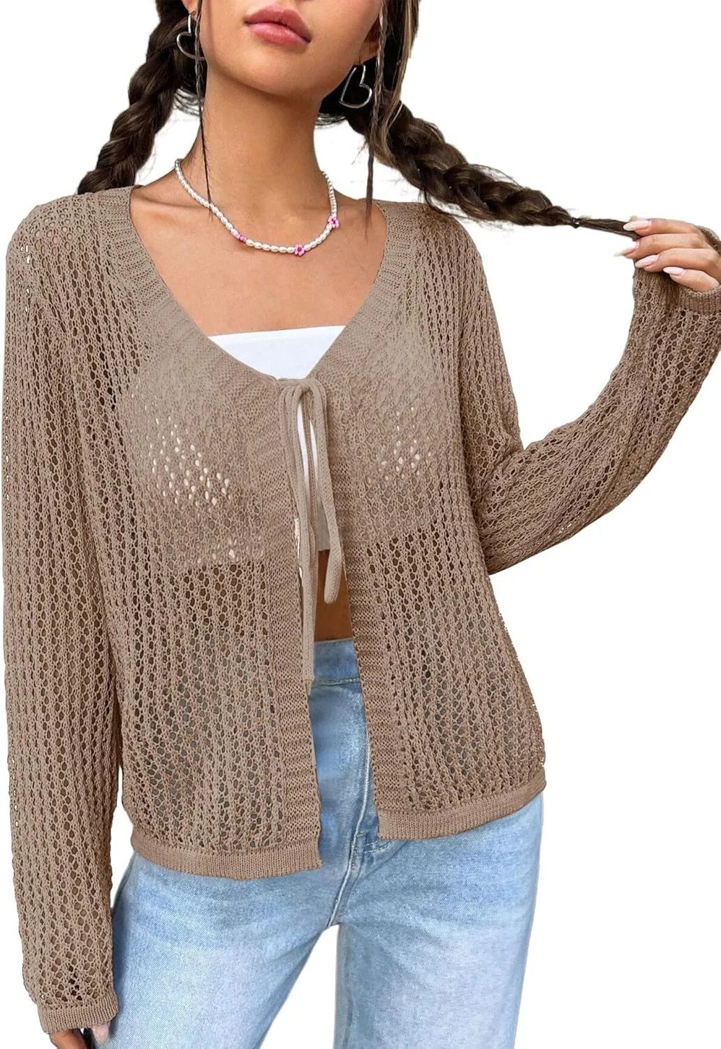 Womens Lightweight Crochet Cardigan Tie Front Shrugs Knit Crop Tops