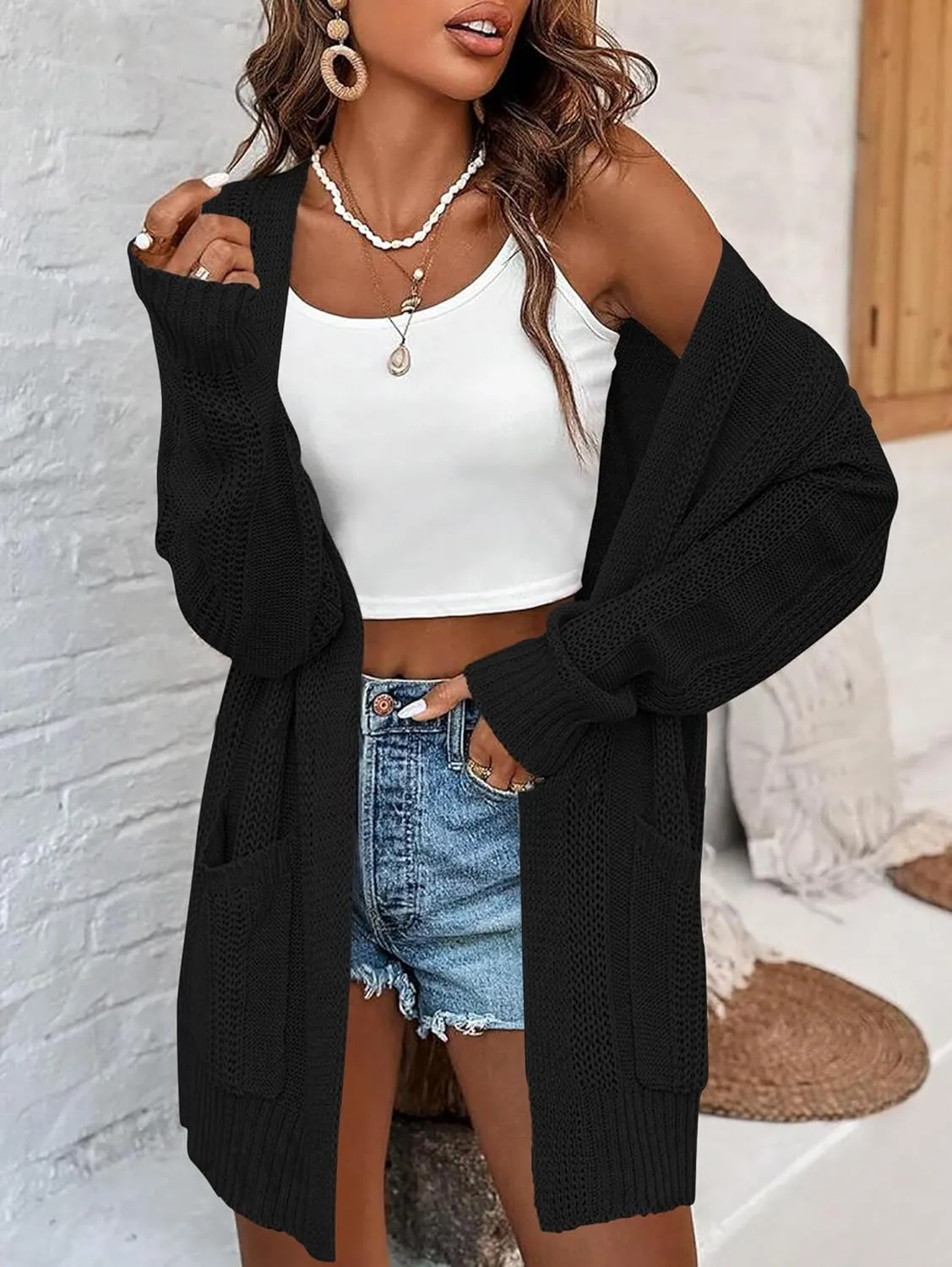 Womens Lightweight Hollow Out Crochet Knit Cardigan Drop Shoulder Loose Cardigan Sweaters