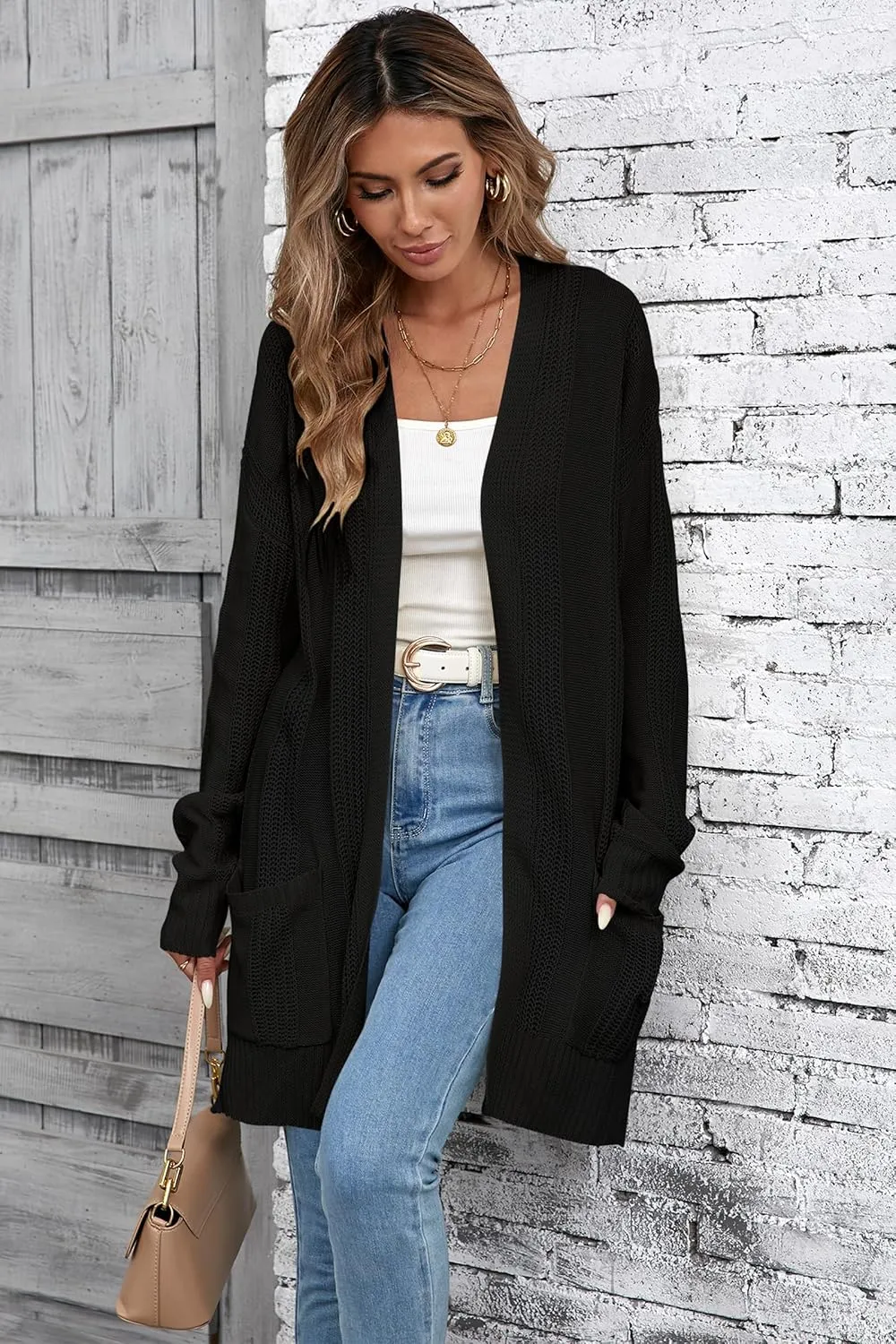 Womens Lightweight Hollow Out Crochet Knit Cardigan Drop Shoulder Loose Cardigan Sweaters