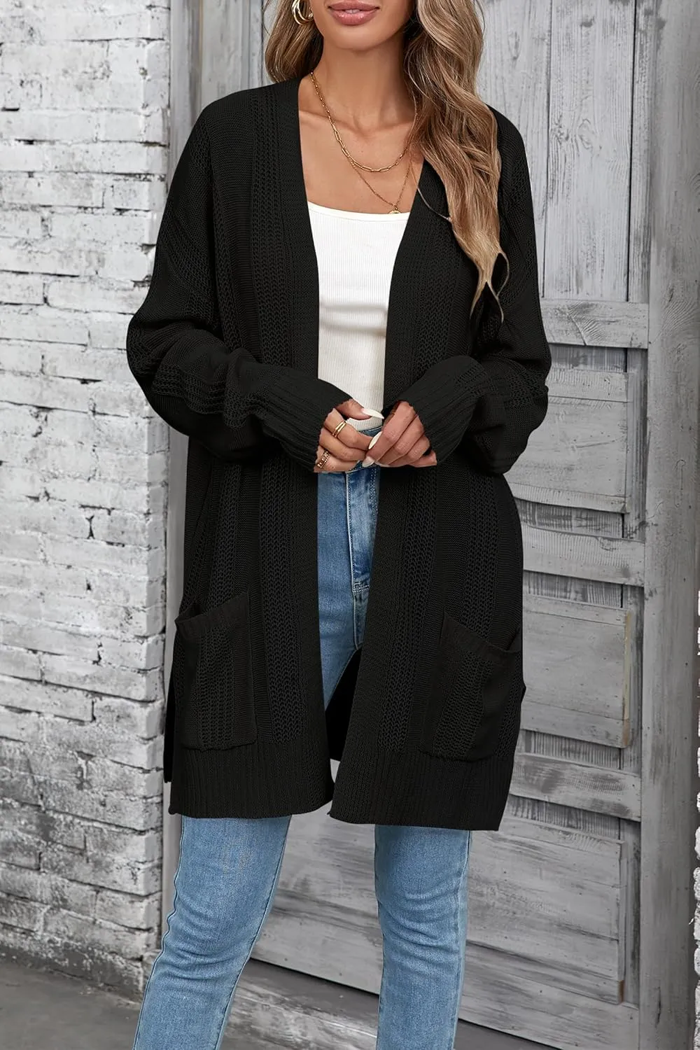 Womens Lightweight Hollow Out Crochet Knit Cardigan Drop Shoulder Loose Cardigan Sweaters