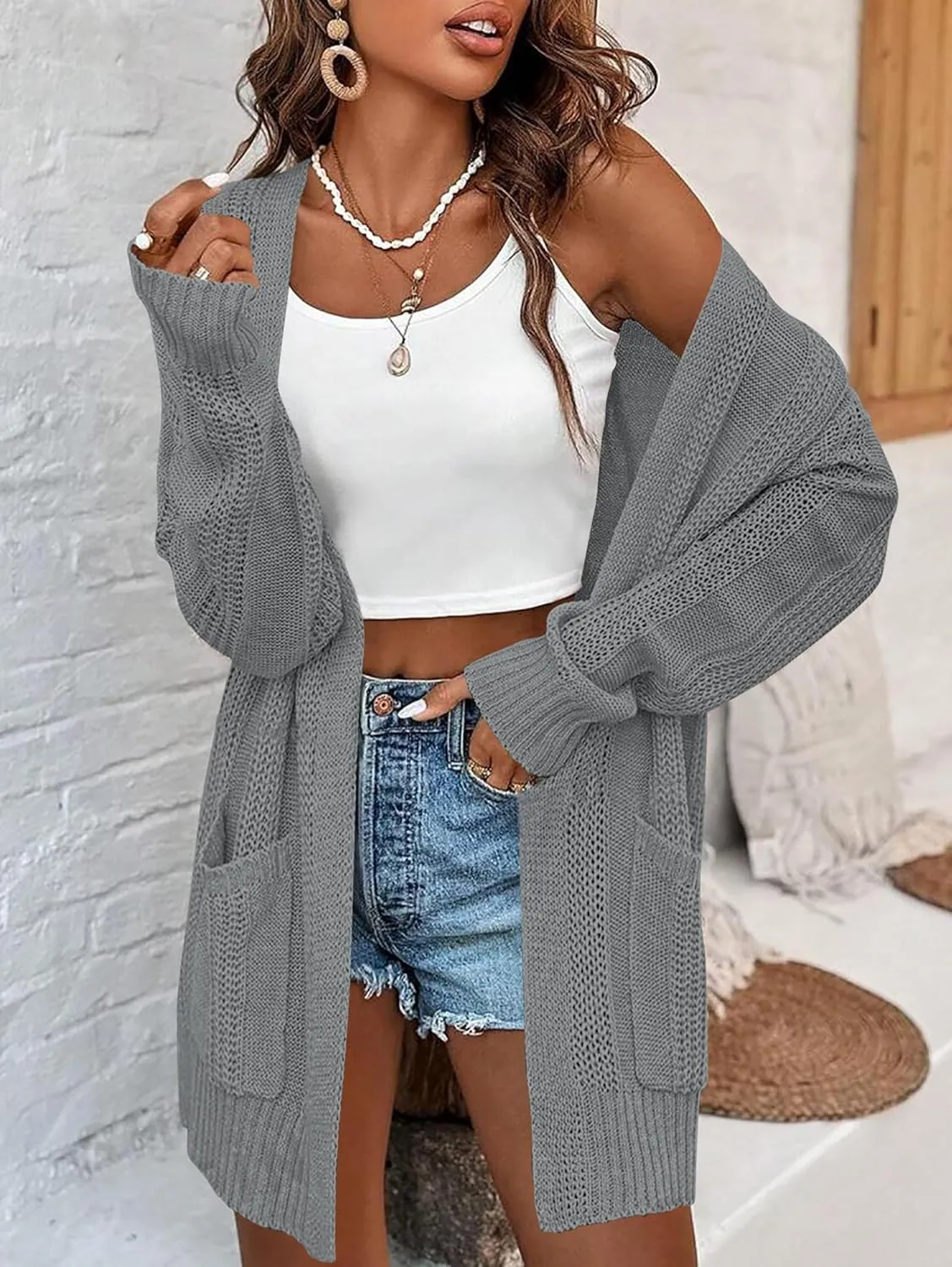 Womens Lightweight Hollow Out Crochet Knit Cardigan Drop Shoulder Loose Cardigan Sweaters