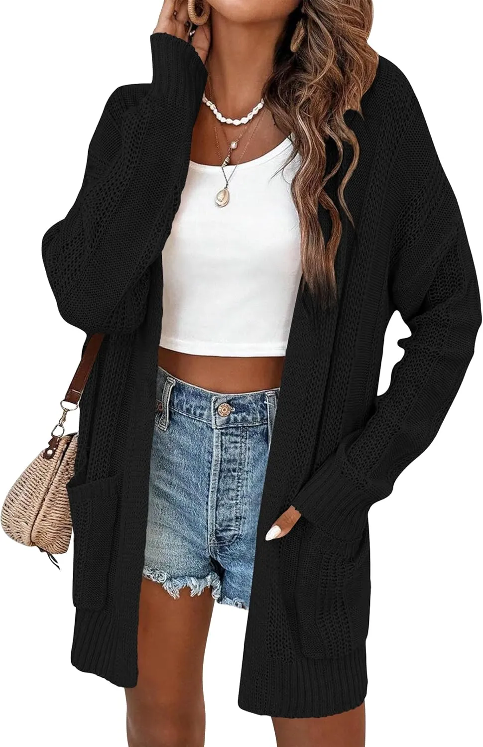 Womens Lightweight Hollow Out Crochet Knit Cardigan Drop Shoulder Loose Cardigan Sweaters