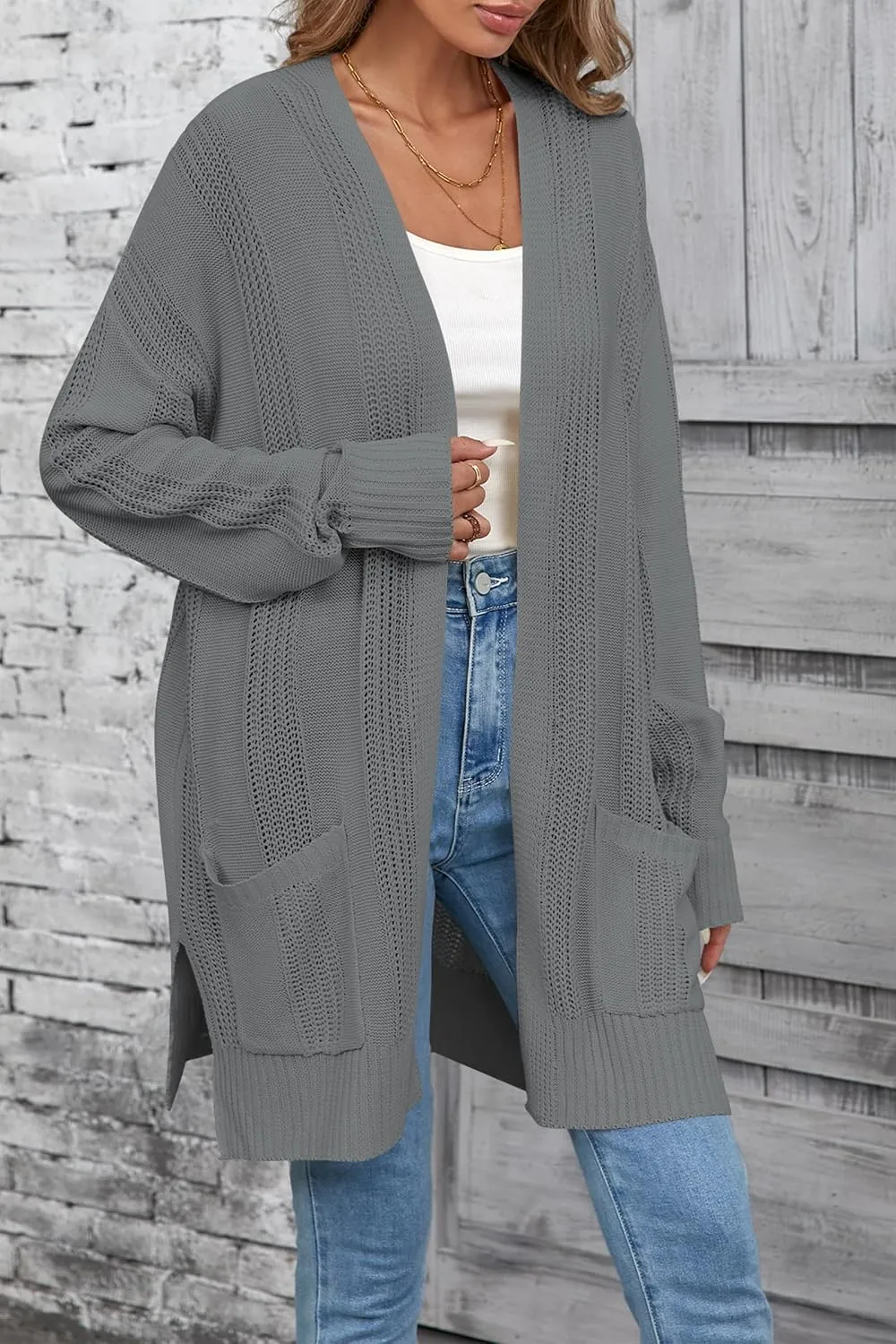 Womens Lightweight Hollow Out Crochet Knit Cardigan Drop Shoulder Loose Cardigan Sweaters