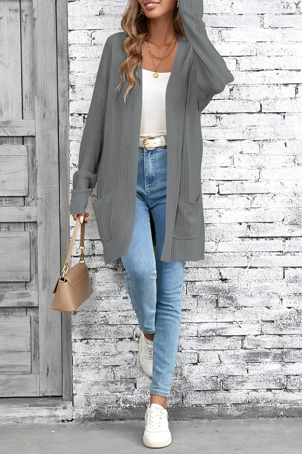 Womens Lightweight Hollow Out Crochet Knit Cardigan Drop Shoulder Loose Cardigan Sweaters