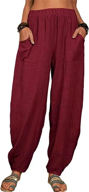 Womens Linen Pants Summer Loose Elastic High Waist Solid Color Wide Leg Work Palazzo Pants Trouser with Pocket