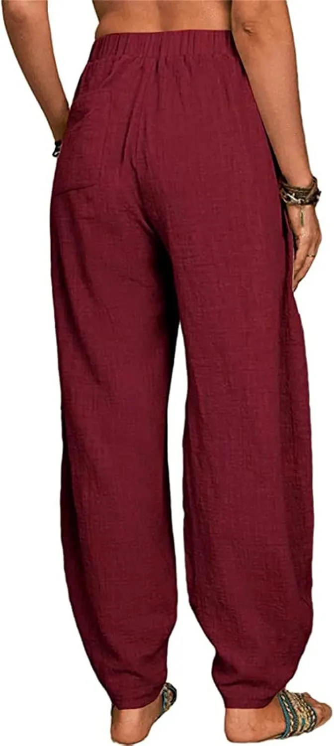Womens Linen Pants Summer Loose Elastic High Waist Solid Color Wide Leg Work Palazzo Pants Trouser with Pocket