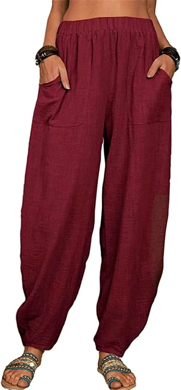 Womens Linen Pants Summer Loose Elastic High Waist Solid Color Wide Leg Work Palazzo Pants Trouser with Pocket