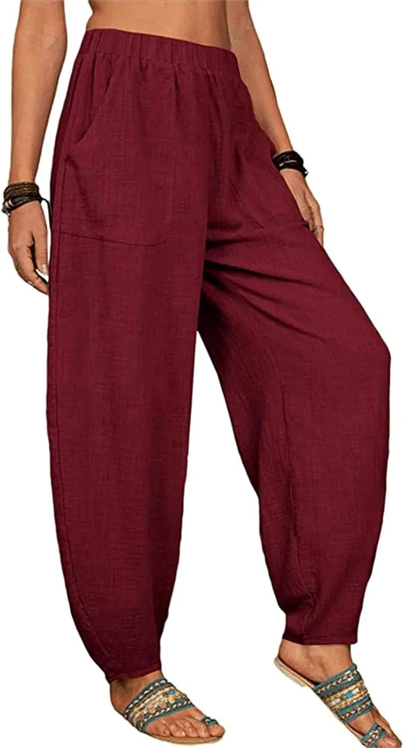 Womens Linen Pants Summer Loose Elastic High Waist Solid Color Wide Leg Work Palazzo Pants Trouser with Pocket