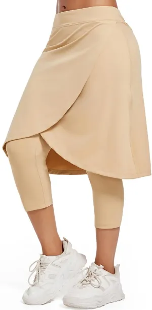 Women's Long Knee-Length Skirt with Capri Leggings, Athletic Golf Yoga Tennis Skirted Leggings with Internal Pocket