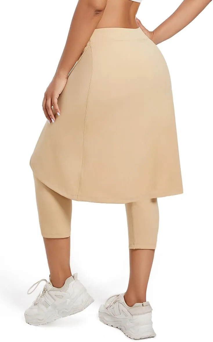 Women's Long Knee-Length Skirt with Capri Leggings, Athletic Golf Yoga Tennis Skirted Leggings with Internal Pocket