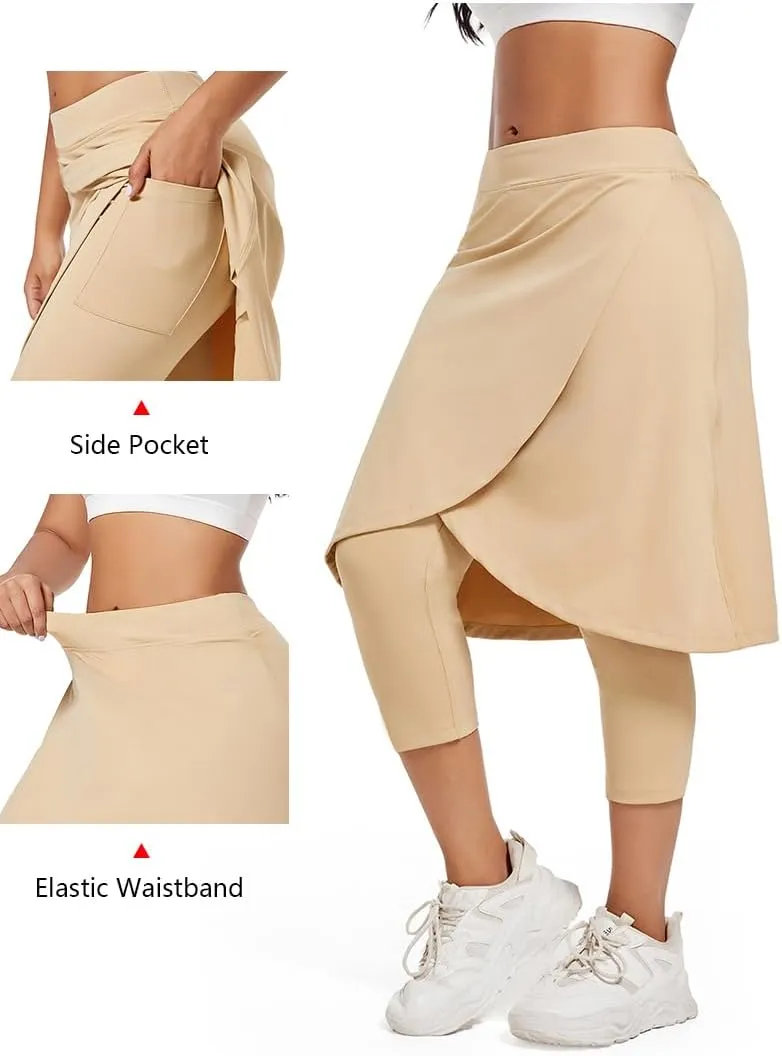 Women's Long Knee-Length Skirt with Capri Leggings, Athletic Golf Yoga Tennis Skirted Leggings with Internal Pocket