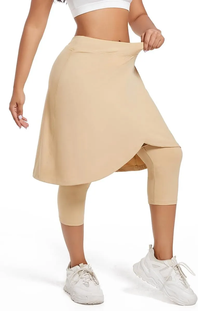 Women's Long Knee-Length Skirt with Capri Leggings, Athletic Golf Yoga Tennis Skirted Leggings with Internal Pocket