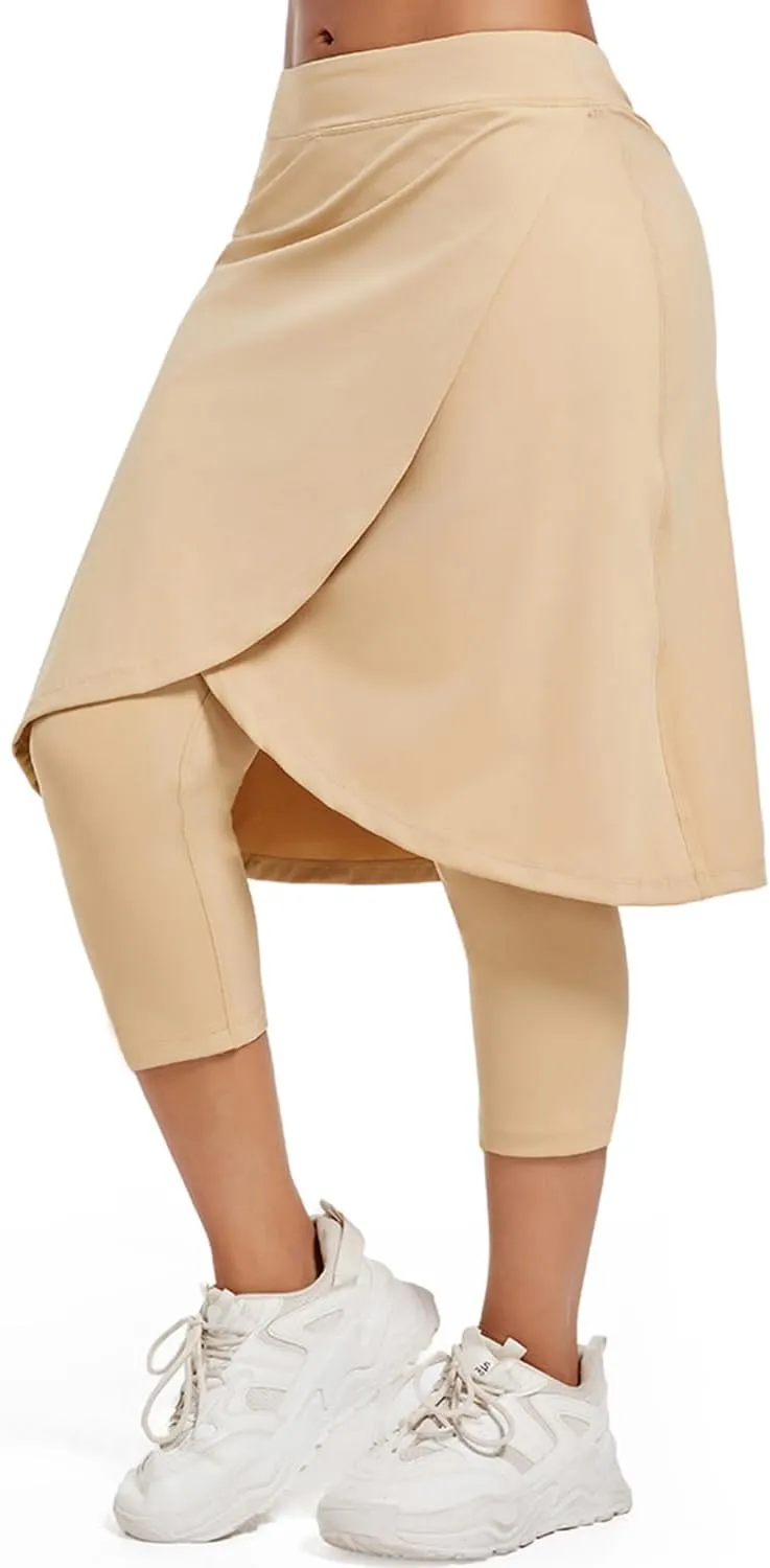 Women's Long Knee-Length Skirt with Capri Leggings, Athletic Golf Yoga Tennis Skirted Leggings with Internal Pocket