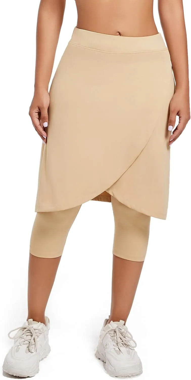 Women's Long Knee-Length Skirt with Capri Leggings, Athletic Golf Yoga Tennis Skirted Leggings with Internal Pocket
