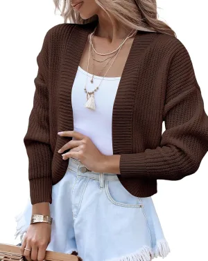 Women's Long Sleeve Open Front Knit Cropped Cardigan Sweaters Casual Drop Shoulder Short Shrugs Sweater Coats