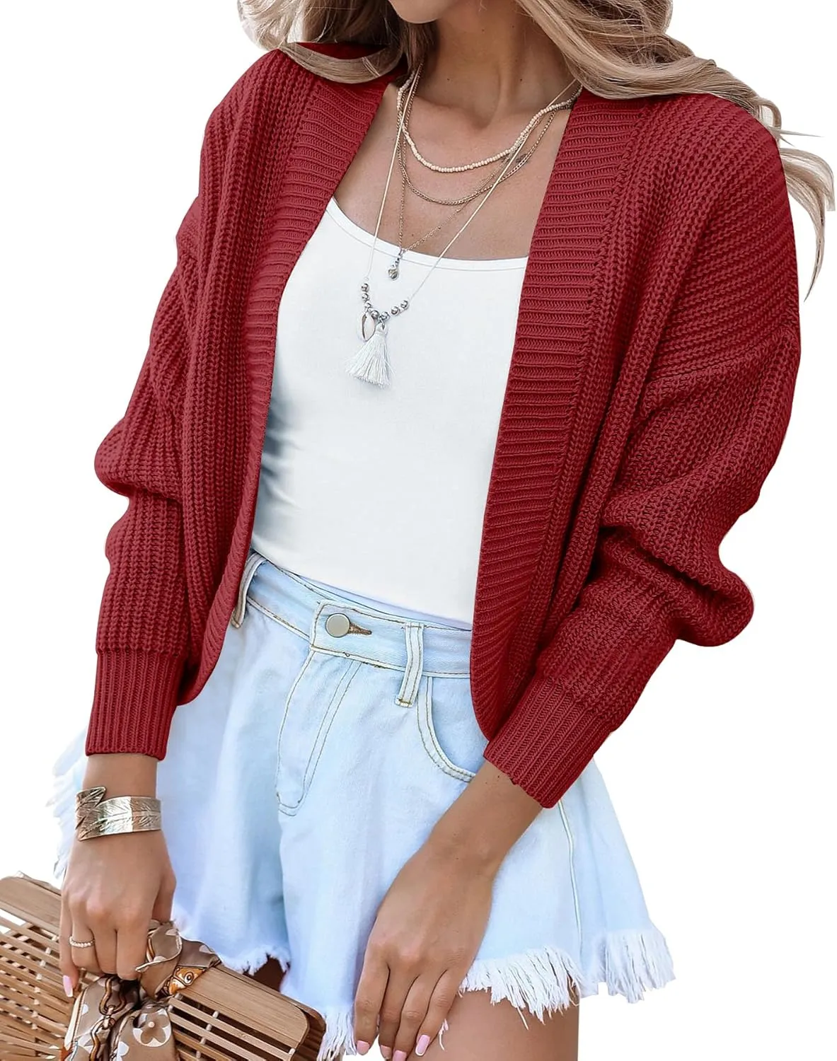 Women's Long Sleeve Open Front Knit Cropped Cardigan Sweaters Casual Drop Shoulder Short Shrugs Sweater Coats