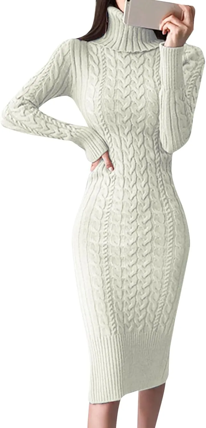 Womens Long Sleeve Turtleneck Sweater Dresses Knitted Bodycon Midi Jumper Fashion Casual Winter Slim Fit Sexy Dresses