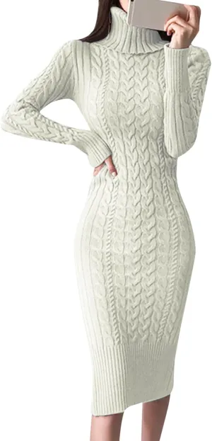 Womens Long Sleeve Turtleneck Sweater Dresses Knitted Bodycon Midi Jumper Fashion Casual Winter Slim Fit Sexy Dresses