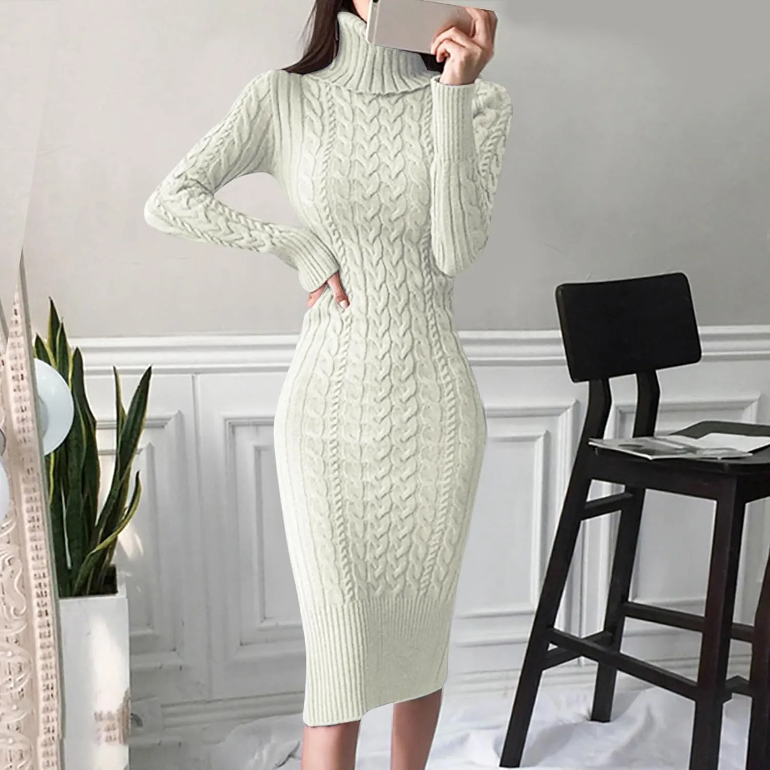 Womens Long Sleeve Turtleneck Sweater Dresses Knitted Bodycon Midi Jumper Fashion Casual Winter Slim Fit Sexy Dresses