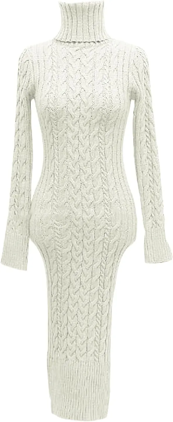 Womens Long Sleeve Turtleneck Sweater Dresses Knitted Bodycon Midi Jumper Fashion Casual Winter Slim Fit Sexy Dresses