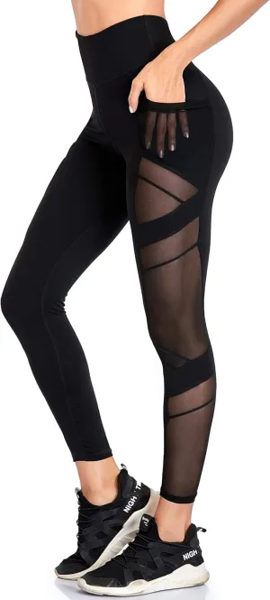 Women's Mesh High Waist Leggings Yoga Pants with Pockets Tummy Control 4 Way Stretch Workout Yoga Leggings