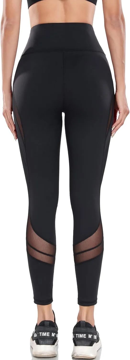 Women's Mesh High Waist Leggings Yoga Pants with Pockets Tummy Control 4 Way Stretch Workout Yoga Leggings