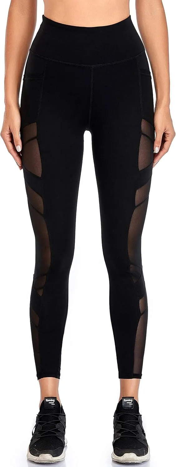 Women's Mesh High Waist Leggings Yoga Pants with Pockets Tummy Control 4 Way Stretch Workout Yoga Leggings