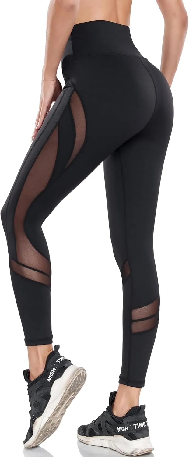 Women's Mesh High Waist Leggings Yoga Pants with Pockets Tummy Control 4 Way Stretch Workout Yoga Leggings