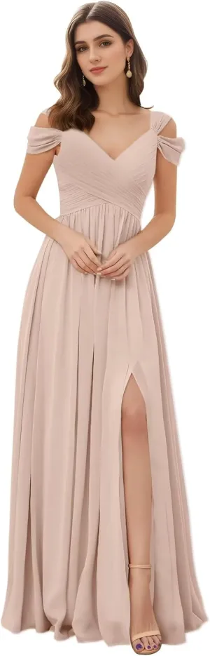 Women's Off The Shoulder Bridesmaid Dresses A-Line Formal Dresses Slit V-Neck Ruched Chiffon Evening Party Gowns