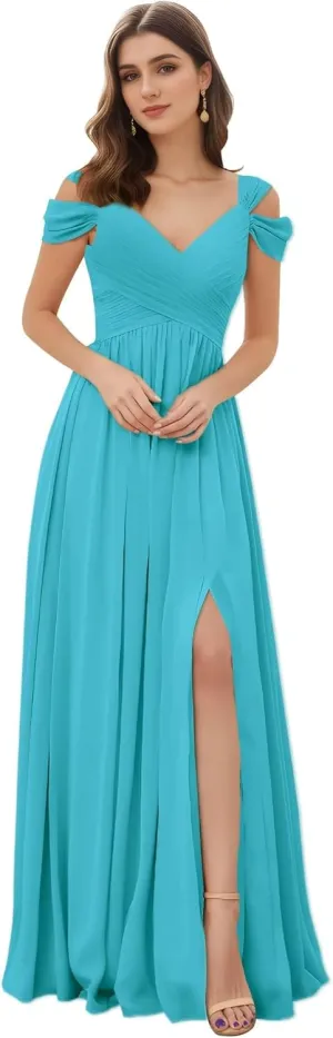 Women's Off The Shoulder Bridesmaid Dresses A-Line Formal Dresses Slit V-Neck Ruched Chiffon Evening Party Gowns