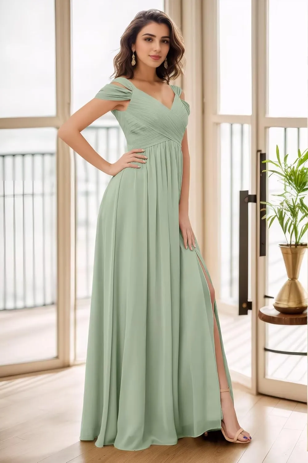 Women's Off The Shoulder Bridesmaid Dresses A-Line Formal Dresses Slit V-Neck Ruched Chiffon Evening Party Gowns