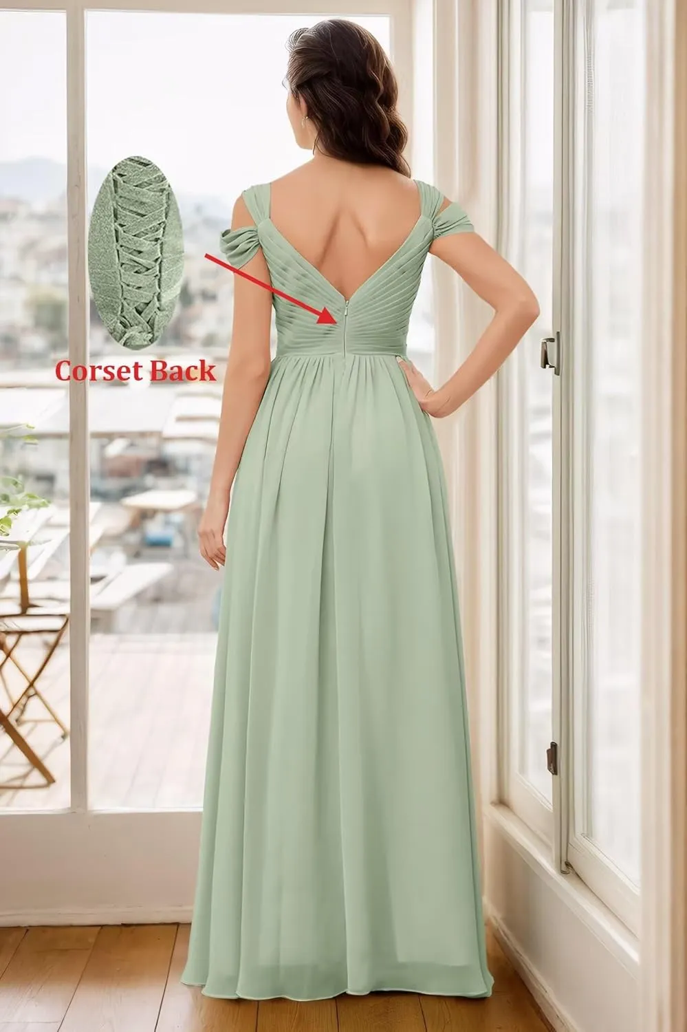 Women's Off The Shoulder Bridesmaid Dresses A-Line Formal Dresses Slit V-Neck Ruched Chiffon Evening Party Gowns
