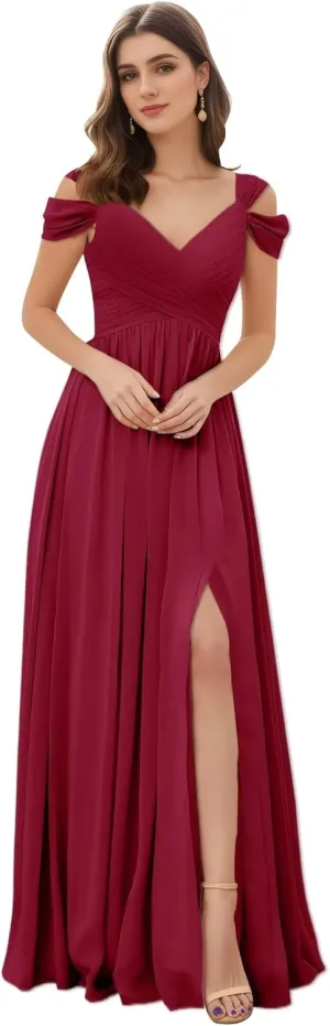 Women's Off The Shoulder Bridesmaid Dresses A-Line Formal Dresses Slit V-Neck Ruched Chiffon Evening Party Gowns