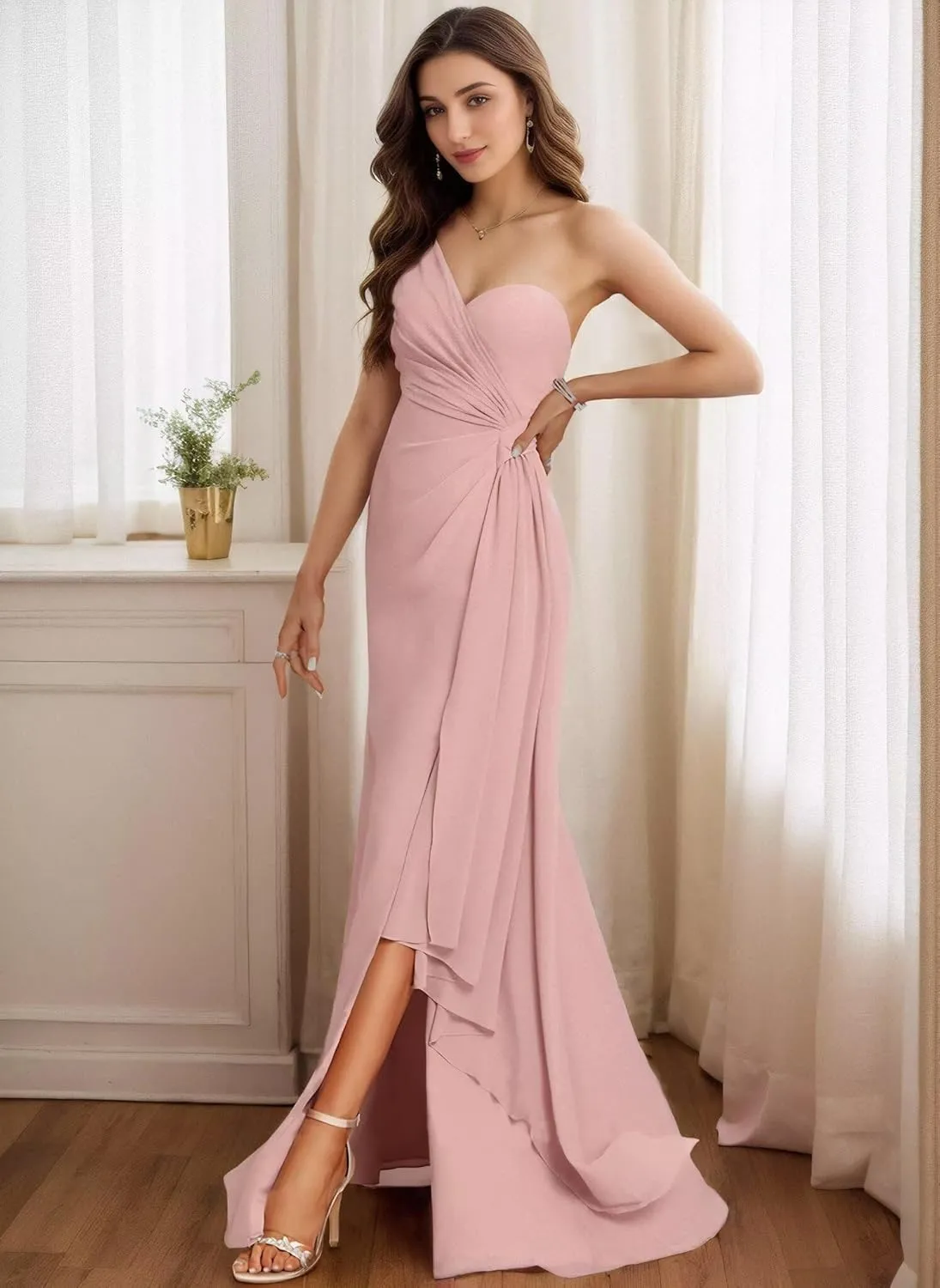 Women's One Shoulder Bridesmaid Dresses for Wedding A-Line Chiffon Formal Gowns Evening Party Dresses Side Slit