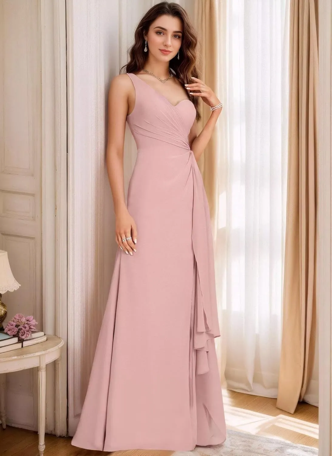 Women's One Shoulder Bridesmaid Dresses for Wedding A-Line Chiffon Formal Gowns Evening Party Dresses Side Slit