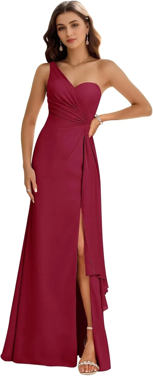 Women's One Shoulder Bridesmaid Dresses for Wedding A-Line Chiffon Formal Gowns Evening Party Dresses Side Slit